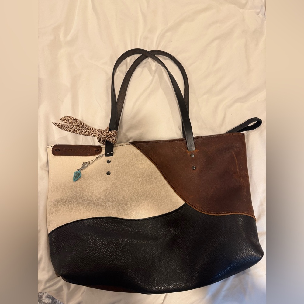 Leather Colorblock Tote Bag in Brown, Cream & Black